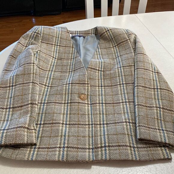 VINTAGE Collections Internationale plaid wool blend collarless blazer - Picture 3 of 10